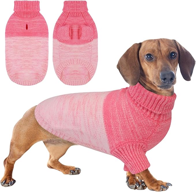 Queenmore Knitted Pullover Dog Sweater,Turtleneck Pet Cat Sweater, Cold Weather Puppy Clothes Stitching Knitwear with Leash Hole for Small Medium Dogs(Pink,M)