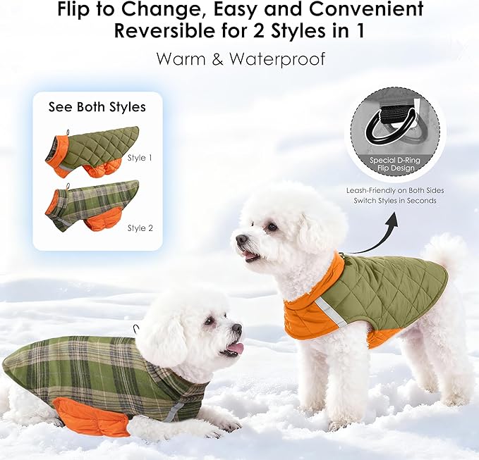 Quilted Dog Winter Coat, Plaid Lined Reversible Vest, Reflective Safety Strip, Cold Weather Pet Apparel Army Green XS