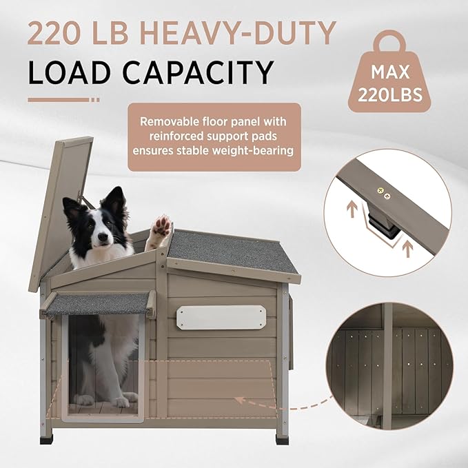 Outdoor Dog House, Weatherproof Wooden Kennel for Medium Dogs, Large Wooden Dog House with Chew-Proof Iron Frame, Removable Floor (Grey, 43.5" D x 29.5" W x 33.5" H) (Grey, 34" D x 22" W x 26.5" H)
