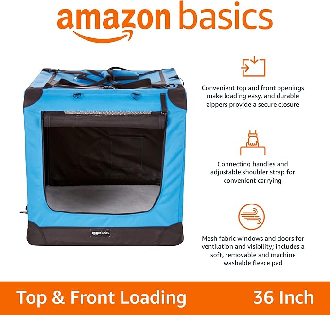 Amazon Basics Folding Portable Soft Pet Dog Crate Carrier Kennel, 36 x 24 x 24 inches, Blue
