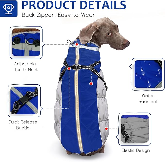 Dog Winter Coat with Harness, Dog Jacket, Pet Clothes with Zipper on Back, Waterproof Windproof Warm Vest, Reflective Cold Weather Coats, for Small Medium Large Dogs, Thick, Blue, XL