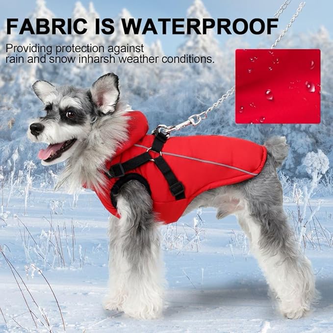 PINA Winter Coat for Dogs, Jacket with Waterproof Fabric, Faux Fur Hood, Reflective Strap, Red, S