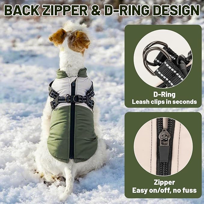Dog Winter Coat for Small & Medium Dogs (Up to 31lb), Waterproof Dog Coat with Harness, Puppies Windproof Puppy Puffer Jacket, Snowsuit for Dachshund,Frenchie, Corgi (Classic Green, Small)