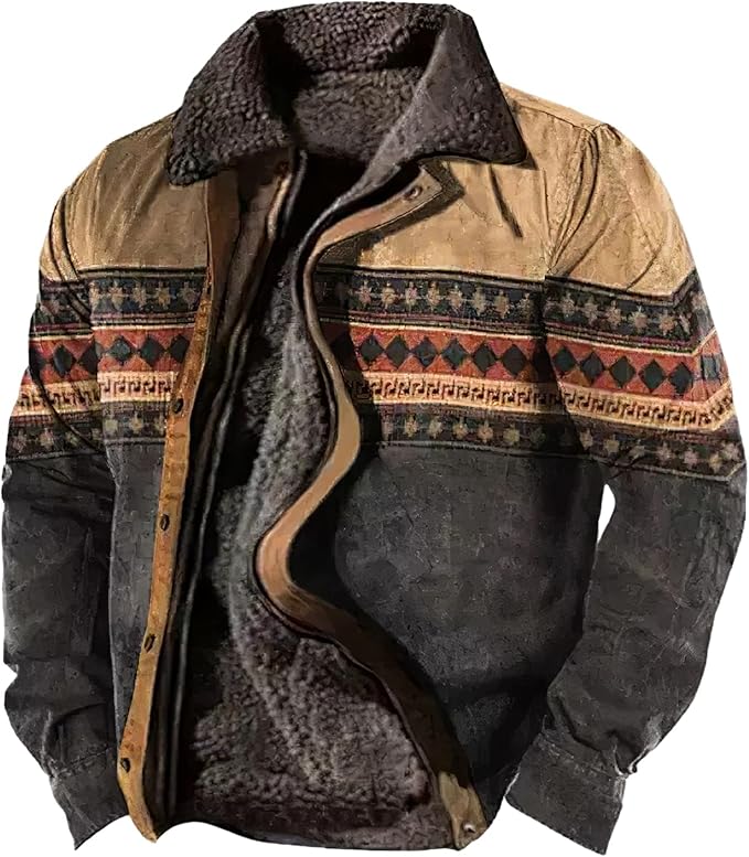 LOAIHA Men's Western Aztec Vintage Print Sherpa Fleece Lined Jackets Casual Zipper Winter Warm Jacket Coats