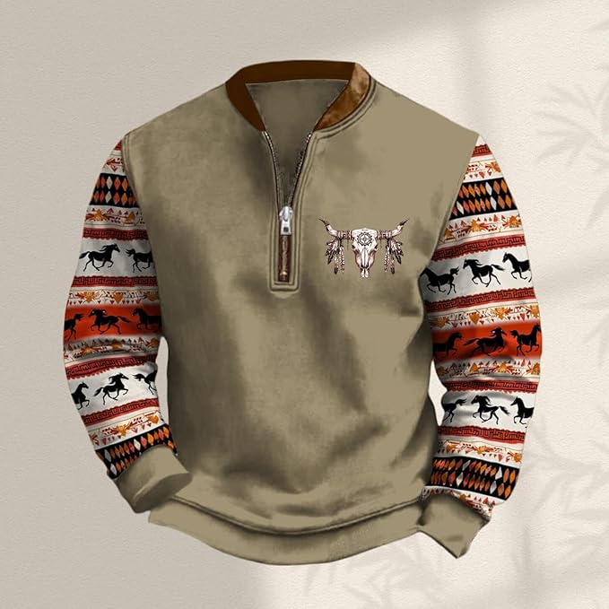 HOTYD Aztec Cowboy Jacket Men Vintage Bullhorn Printed Oversized Western Sweatshirt Long Sleeve Quarter Zip Pullover