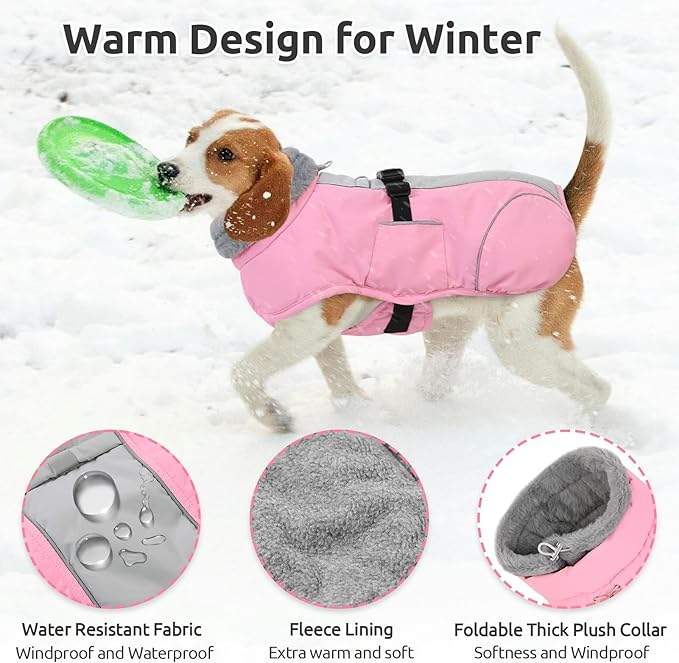Queenmore Dog Jackets for Large Dogs, Fleece Dog Coats, Windproof Winter Large Breeds Jacket Winter, Reflective Pet Jackets, Pink, XXXL