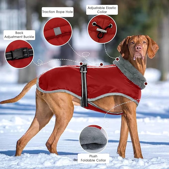 Warm Waterproof Dog Coat,Size M Dogs Jacket Pet Winter Coat for Cold Weather with Thicken Furry Collar,Reflective Puppy Winter Jacket Warm Fleece Lining for Medium Dogs,Red,M