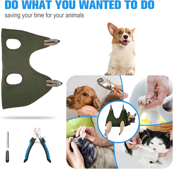10 in 1 Dog Pet Grooming Hammock Harness with Nail Clippers/Trimmer, Nail File,Dog Nail Hammock, Dog Grooming Sling for Nail Trimming/Clipping (M/Under 45lb, Khaki Green)