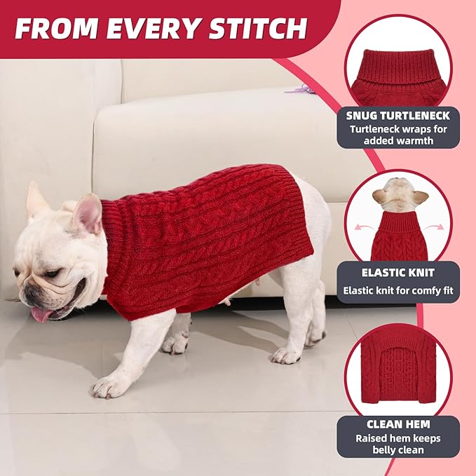 2 Pack Dog Sweaters for Medium Dogs Turtleneck Pullover Cable Knit Stretch Clothes French Bulldog Dachshund Boston Terrier Corgi Beagle Pug Boy Girl Pets Winter Clothes (M, Red & Green)