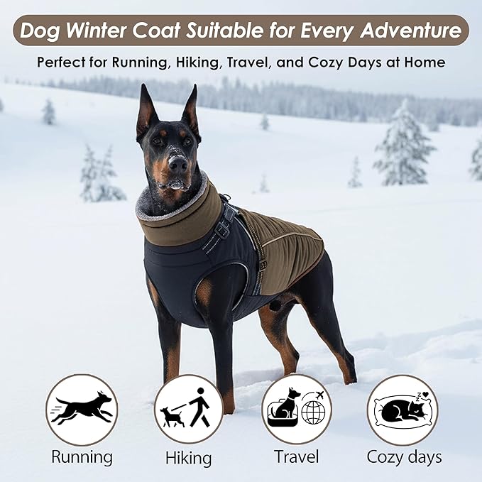 ASENKU Reflective Dog Coat with Built-in Harness, Windproof Fleece-Lined Dog Jacket for Small, Medium, Large Dogs, Warm Winter Vest with Turtleneck & Zipper (Khaki 2XL)