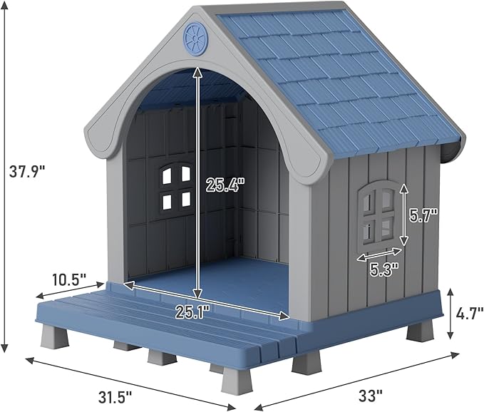 Dog House Outdoor Indoor Weatherproof for Small Medium Dogs, Durable Plastic Pet House with Porch, Sloping roof and Elevated Floor, Easy Cleaning and Assemble(Blue, 32.95"L×31.5"W×37.88"H)
