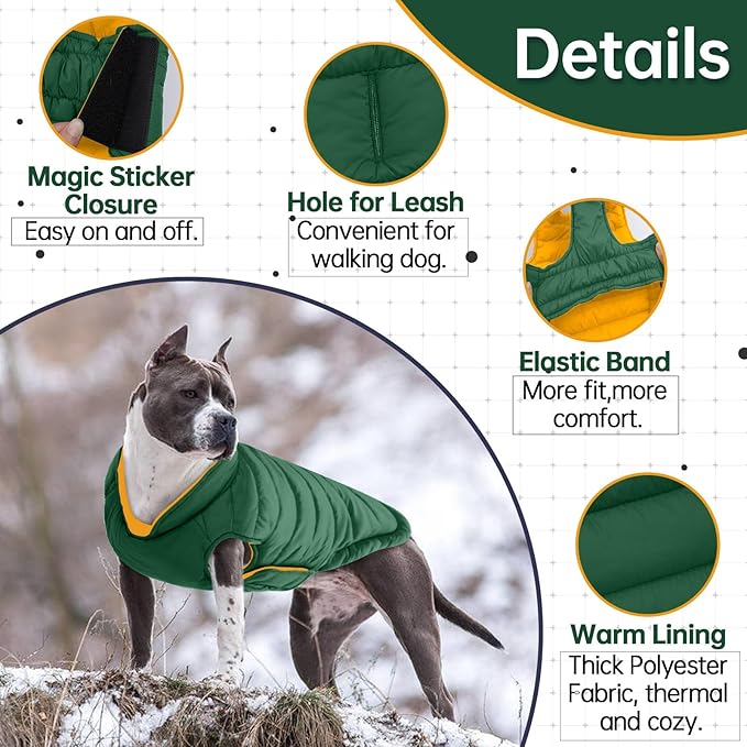 Lelepet Reversible Dog Coat Waterproof Dog Jacket Windproof Puffer Vest for Winter Warm Lightweight Coats for Small Dogs Adjustbale Hook & Loop Pet Apparel with Leash Hole, Shih Tzu, Green, S