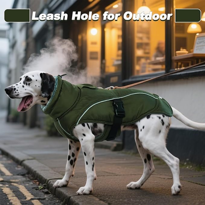 DENTRUN Large Dog Coat - Thick Fleece Lined Reflective Winter Jacket, Snap Closure & Leash Hole, Warm Thick Fleece Lined, Plush Turtleneck Vest for German Shepherd, Army Green, XXL