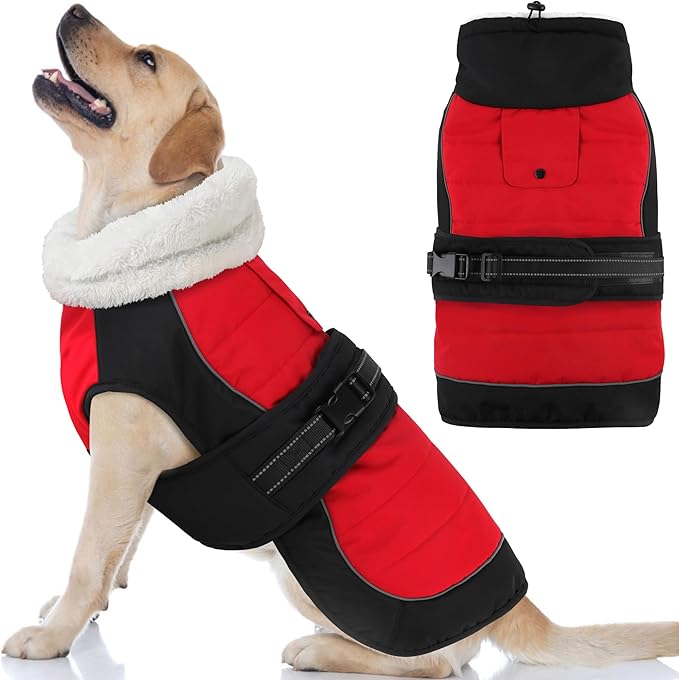 Dogcheer Dog Coat, Christmas Dog Jacket, Waterproof Turtleneck Puppy Winter Coat, Adjustable Pet Puffer Jacket, Reflective Warm Fleece Coats for Small Medium Large Dogs - Red, 3XL