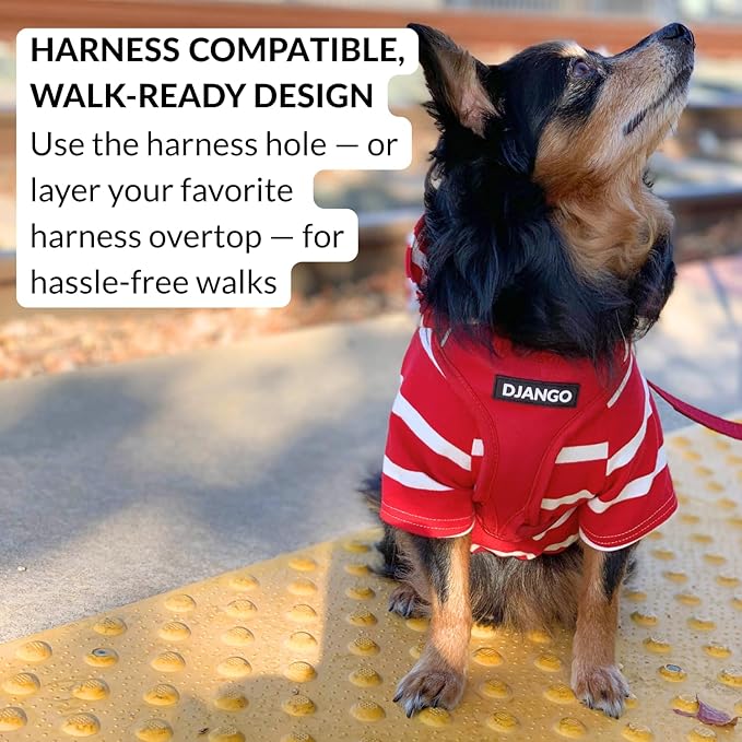 DJANGO Dog Hoodie – Warm, Lightweight, Soft & Stretchy Dog Sweater with Hood, Harness Hole & Elastic Waistband – Cozy Sweatshirt for Small Dogs up to 25 lbs, Dachshunds & Puppies – Crimson Red, Small