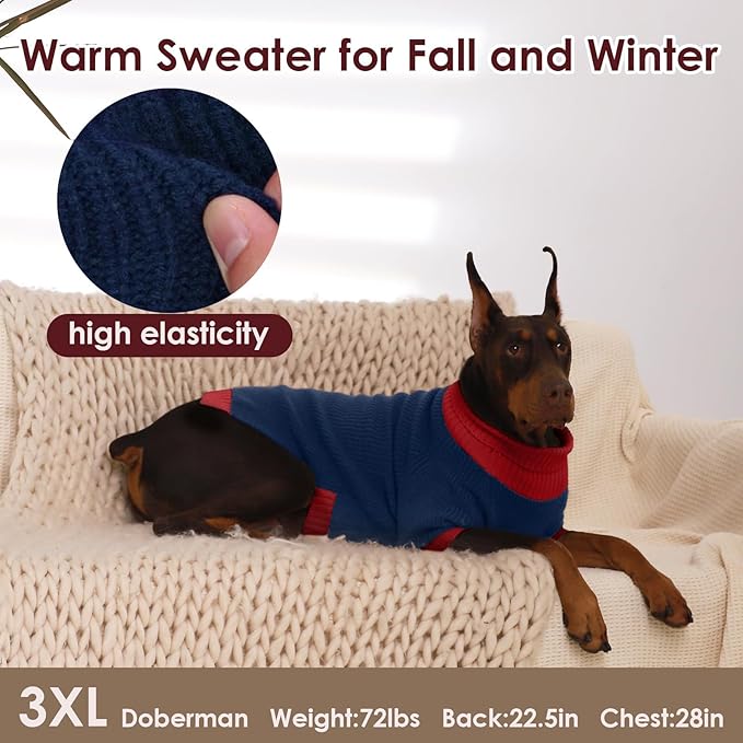 Dog Sweater XXXL, Turtleneck Sleeve Sweater with Leash Hole, Stretchy Christmas Sweaters for Large Dogs Male Female, Holiday Knitted Jumper for Husky, Golden Retriever, Doberman, NavyBlue 3XL