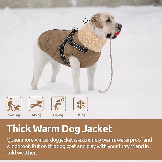 Queenmore Dog Winter Jacket, Dog Coats for Large Dogs, Warm Cozy Pet Jacket Winter with Harness Built in, Waterproof Pet Snow Jacket, Thick Fleece Lining Snowsuit for Large Dogs, Brown L