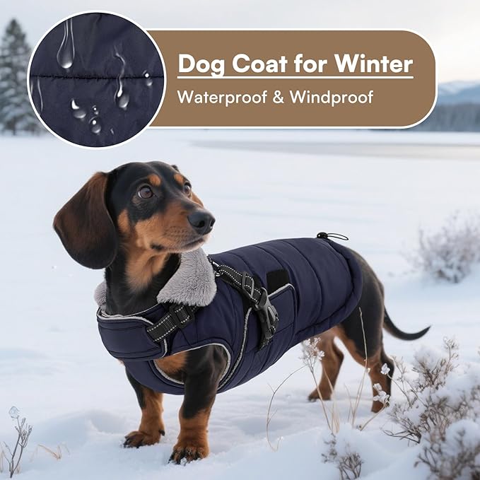 Queenmore Small Winter Dog Coat with Harness Built-in, Waterproof Winter Jackets for Small Dogs, Puppy Warm Puffer Jacket for Snow/Cold Weather - Fleece Reflective Easy On Velcro Closure, Navy S