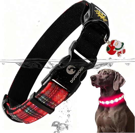DOGWONG LED Dog Collar - Christmas Red Plaid Heavy Duty Light up Dog Collars - Rechargeable Waterproof - Lighted Dog Collars for Night Walking, Hiking, Camping(Red Plaid,L)