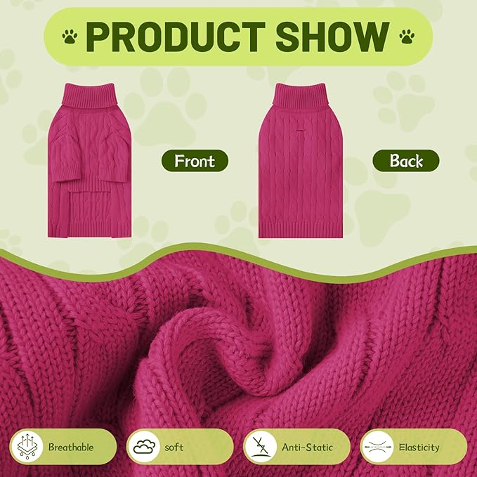 Small Dog Thermal Pullover Sweater, Classic Turtleneck Cable Knitwear Dog Clothes for Cold Weather Warm Pet Clothes for Chihuahua, Bulldog, Dachshund, Pug Hot Pink Medium