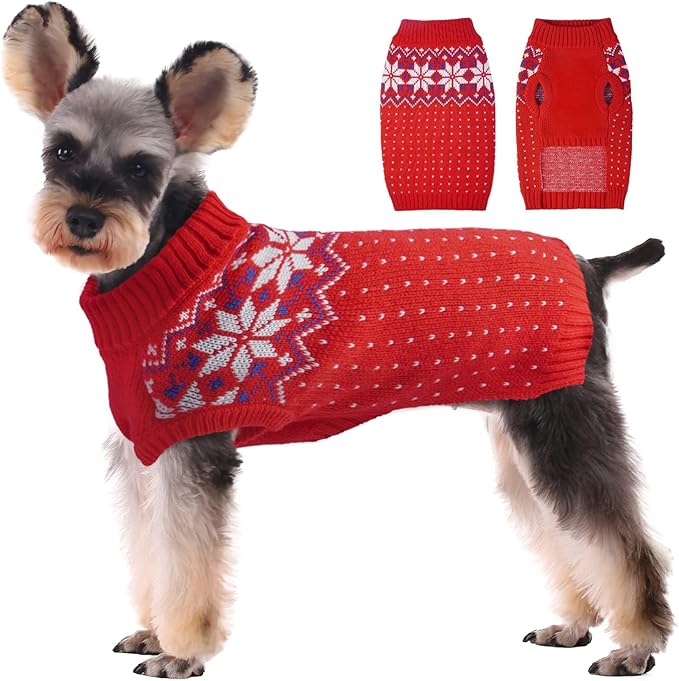 Kuoser Dog Sweater, Holiday Christmas Snowflake Pet Warm Knitwear Dog Sweaters Soft Puppy Clothing, Doggie Turtleneck Cold Weather Outfit Pullover for Small Medium Large Dogs Cats, Red S