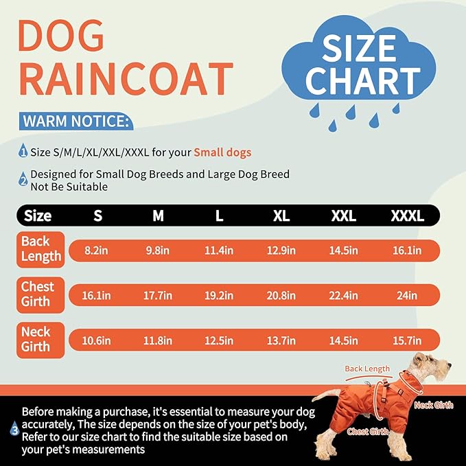 BRKURLEG Dog Raincoat for Small Dogs, Small Dog Rain Jacket with Harness Built in, Waterproof 4 Legs Pet Raincoats, Puppy Outdoor Jacket with Reflective Strip, Orange, L