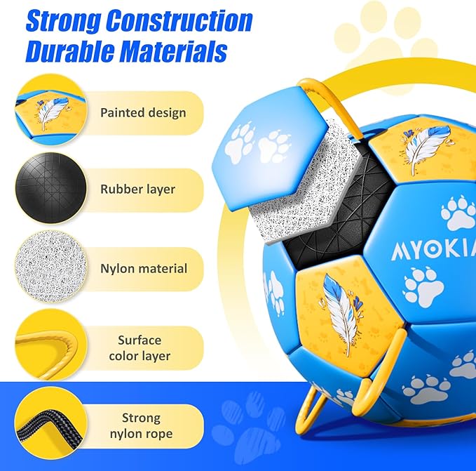 Size 3 Dog Soccer Ball with Straps Durable Training Ball for Pets Interactive Outdoor Dog Toy, Blue & Yellow, Paw Prints and Feather Design, for Medium & Large Puppies