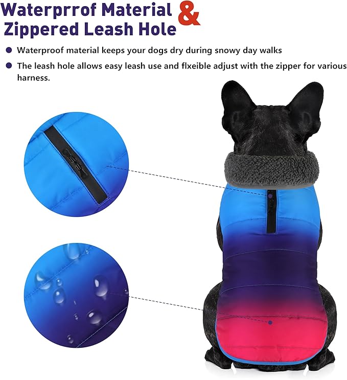 Dog Winter Coat, Waterproof Dog Jacket with Leash Hole, Reflective Adjustable Pet Snow Vest, Warm Fleece Sweater for Small Medium Large Dogs - Gradient Blue, L