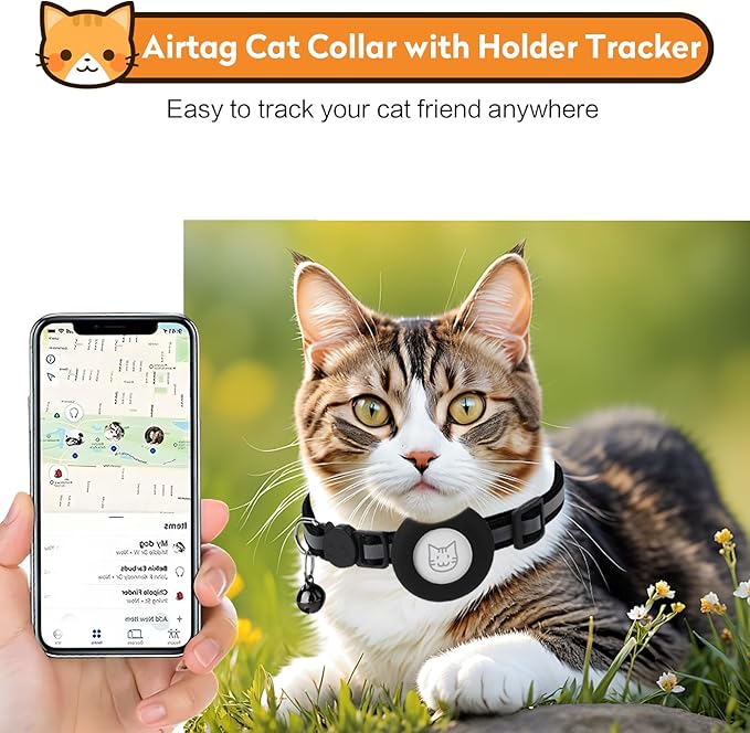 Airtag Cat Collar with Bell, Reflective Nylon Kitten Collar with Apple Air Tag Holder and Breakaway Safety Buckle for Puppy Girl Boy Cats, 3/8" in Width and Lightweight, Fluorescent