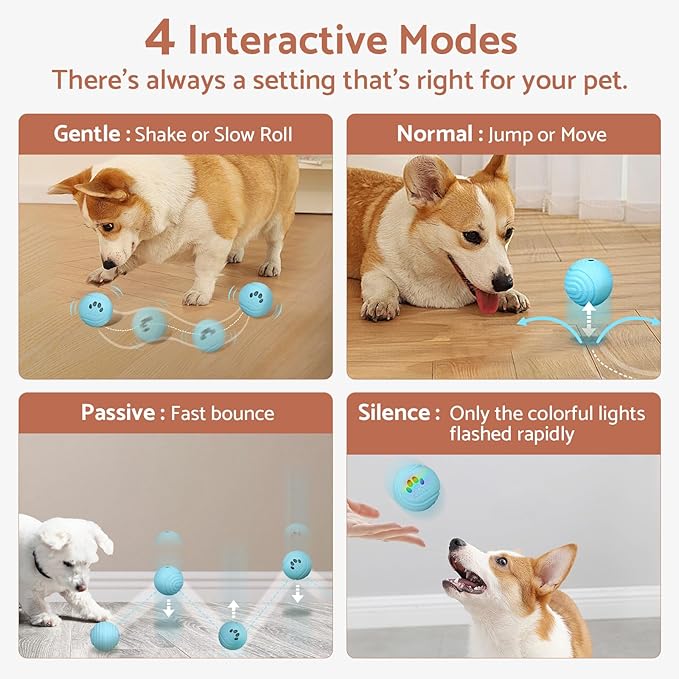 Interactive Dog Balls, Smart Dog Toys, 4 Movement Modes, Durable TPU Squeezably Elastomeric Material, Motion Activated Automatic Moving Rolling Ball for Dogs 20-60 lbs