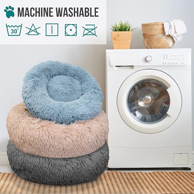PetAmi Calming Dog Bed for Small Medium Dog Cat, Round Donut Dog Bed Washable, Fluffy Faux Fur Plush Cuddler Pet Kitten Cushion Bed, Anti-Slip, Fits up to 25 lbs, 23 inch, Light Gray