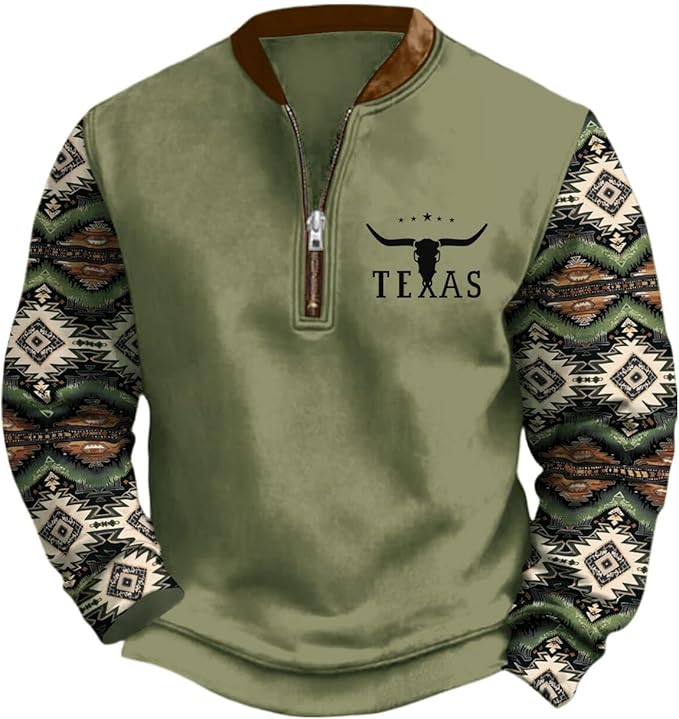 HOTYD Aztec Cowboy Jacket Men Vintage Bullhorn Printed Oversized Western Sweatshirt Long Sleeve Quarter Zip Pullover