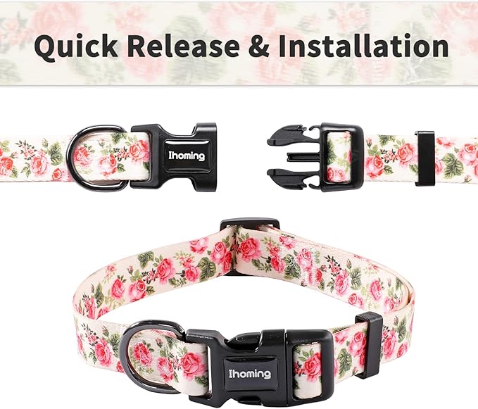 Ihoming Dog Collar and Leash Set for Daily Outdoor Walking Running Training, Pink Flowers Design for Large Boys Girls Dogs Cats Pets, L-Up to 80LBS