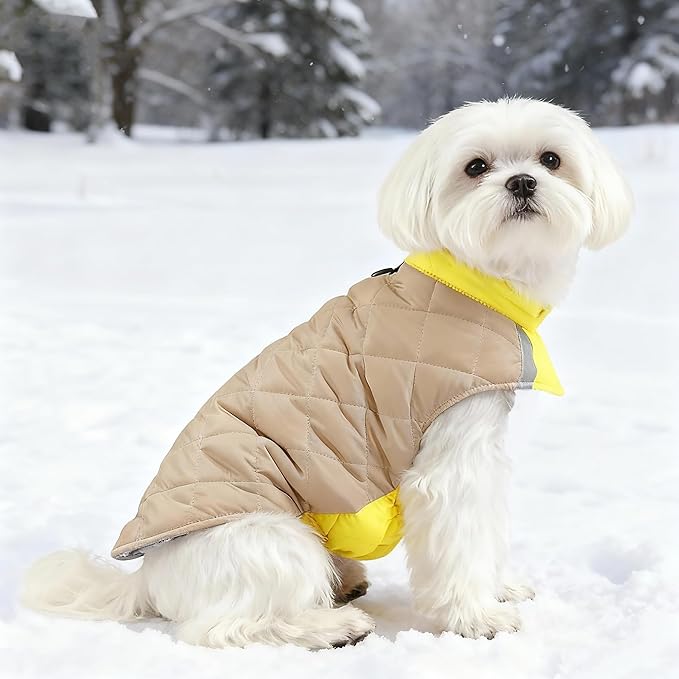 Quilted Dog Winter Coat, Plaid Lined Reversible Vest, Reflective Safety Strip, Cold Weather Pet Apparel Yellow XXS