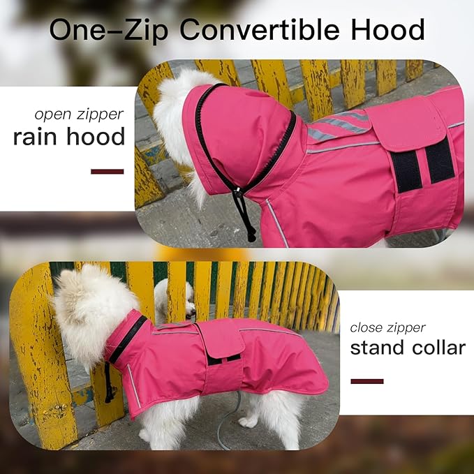 Dog Raincoat, Waterproof Rain Jacket for Large Dogs Poncho with Leash Hole Convertible Hood/Collar Reflective Rain Coat, Lightweight Breathable Stay Secure Walking (Neon Pink, XXXL)