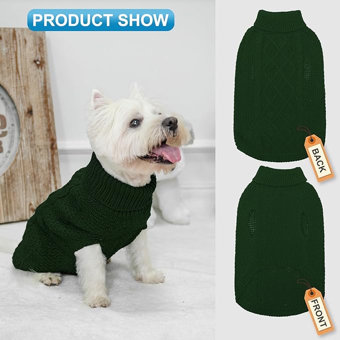 Mihachi Turtleneck Dog Sweater - Winter Coat Apparel Classic Cable Knit Clothes with Leash Hole for Cold Weather, Ideal Gift for Pet in New Year Army Green Small