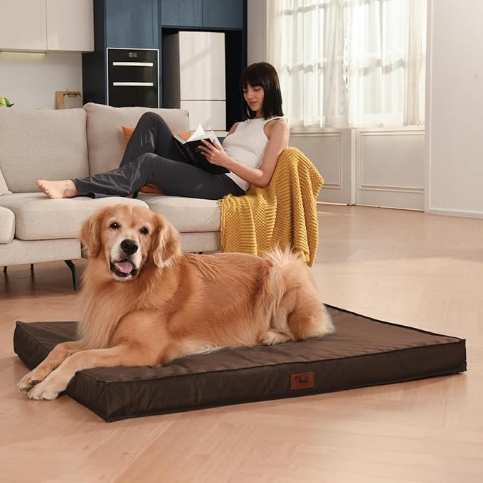 Outdoor Extra Large Dog Bed, Jumbo Waterproof Dog Bed for Large Dogs, Orthopedic Egg Crate Foam Pet Mat with Removable Oxford Cooling Cover, Brown
