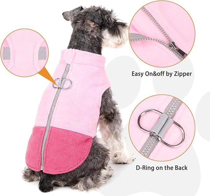KOOLTAIL Dog Fleece Vest Sweater, Zip Up Step-in Pullover Warm Puppy Jacket with Dual Leash D-Ring for Small Medium Dogs, Cozy Soft Pet Winter Cold Weather Coats Fall Clothes Hoodie Boy Girl, Pink S