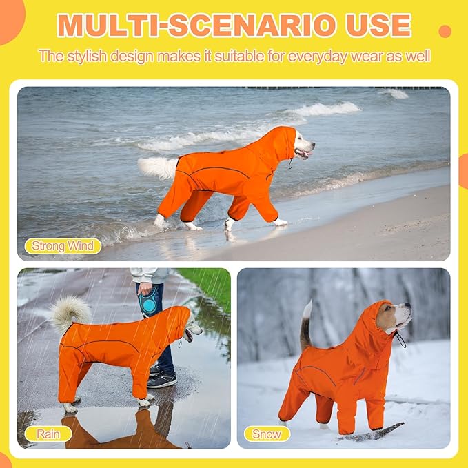Dog Raincoat, Waterproof Dog Rain Jacket with Removable Hood，Adjustable 4 Legs Pet Poncho with Leash Hole，Reflective Stripe Hooded Snowproof Windproof Clothes for Small to 3X-Large Dogs, S