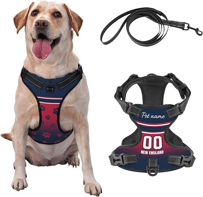 Custom New England Dog Harness with Reflective Stripes Personalized Name and Number Dog Vest Harness with Pet Traction Rope for Small Medium Large Dog