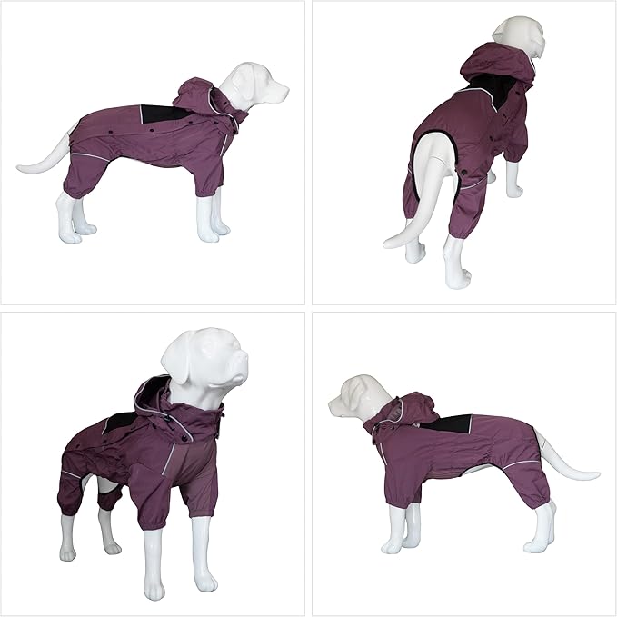 LOVELONGLONG Waterproof Dog Raincoat with Removable Hood – Outdoor Full Body Dog Jacket, Windproof Snowproof Shell Suit – All Season Pet Rain Gear Plum Purple L