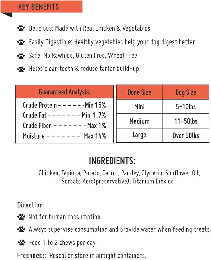 Premium Dog Bones, Made with Real Chicken & Wholesome Vegetables, Rawhide Alternative, Medium 5pcs/Pack x 2packs