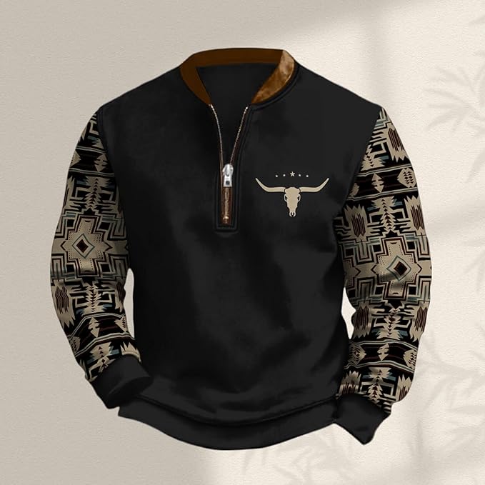 HOTYD Aztec Cowboy Jacket Men Vintage Bullhorn Printed Oversized Western Sweatshirt Long Sleeve Quarter Zip Pullover