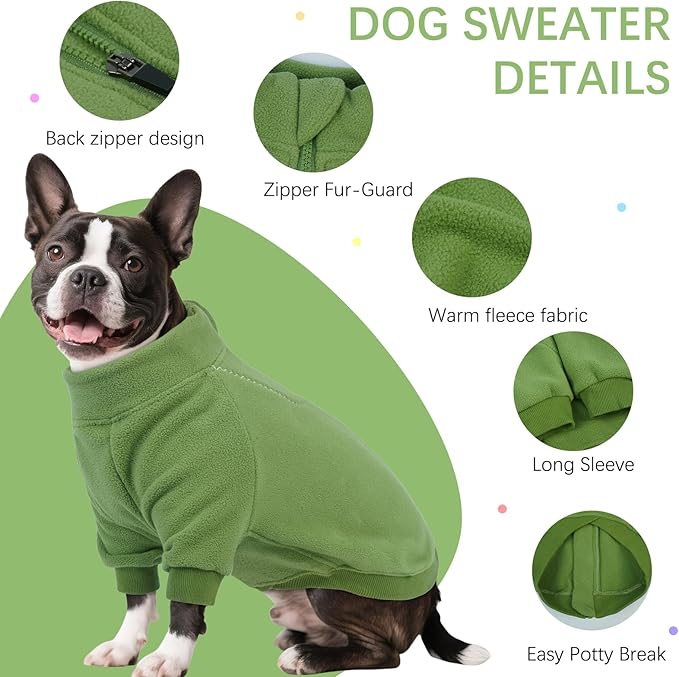 BRKURLEG Dog Sweater Dogs Warm Soft Fleece Sweaters, Turtleneck Sweatshirt for Small Medium Large Dogs, Dog Winter Coat, French Bulldog Pullover Jacket with Sleeve, Cold Weather Coat (Green, M)