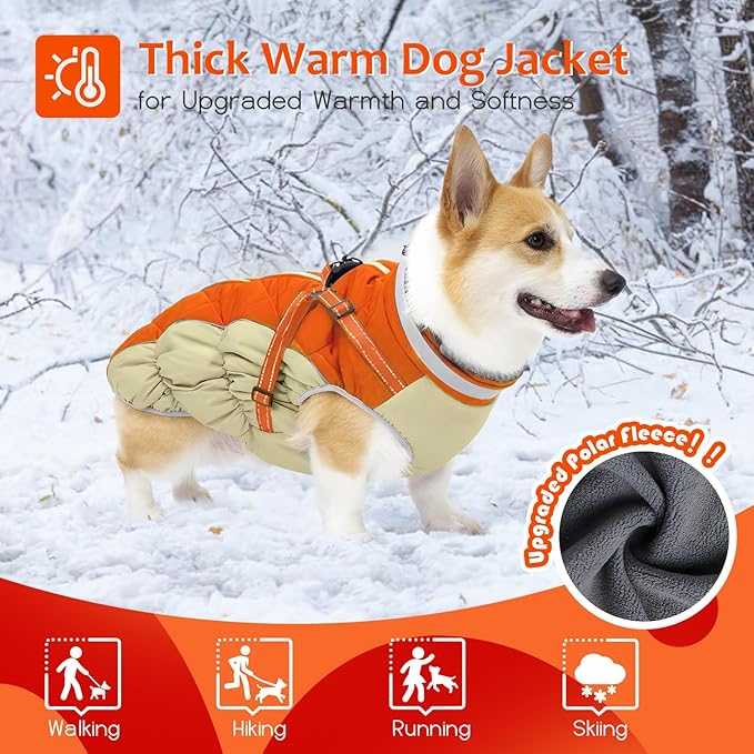 Dog Winter Coat with Harness, Dog Jacket, Pet Clothes with Zipper on Back, Waterproof Windproof Warm Vest, Reflective Cold Weather Coats, for Small Medium Large Dogs, Thick, Orange, M