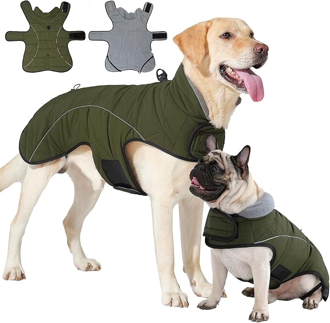 HEYWEAN Dog Winter Coat - Waterproof Windproof Reflective Vest for Medium & Large Breeds Adjustable Warm FleeceLined Jacket with Magic Tape & D-Ring for Leash Cold Weather Apparel (Green, XX-Large)
