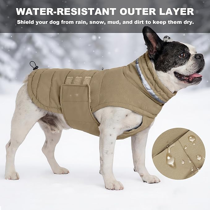 Dog Coat, Waterproof Winter Jacket, Warm Windproof Vest, Reflective Adjustable Turtleneck Coats for Large Dogs with Hook & Loop - Khaki - XL