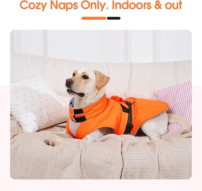 XXL Dog Coat, Warm Dog Winter Jacket, Waterproof Dogs Snowsuit With Foldable High Collar, Reflective Strips, Leash Hole, And Adjustable Hook & Loop Closure - Ideal For Cold Weather - Orange XXL