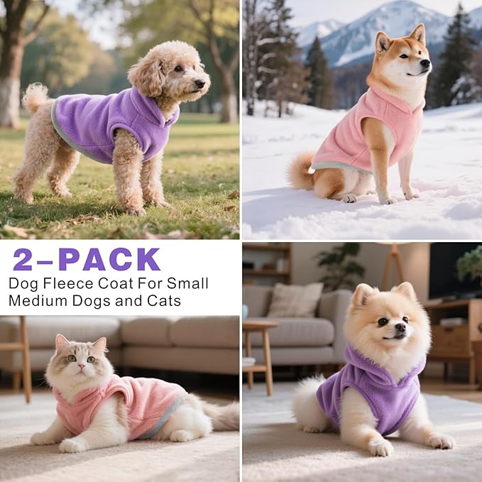 Idepet 2 Pack Dog Fleece Vest Sweater Warm Pullover Jacket with D-Ring Leash Reflective Winter Coat Hoodie for Puppy Cat French Bulldog Pug Chihuahuas Yorkies Dachshunds(Purple&Pink,Medium)