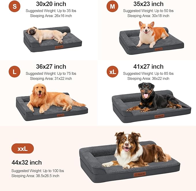Orthopedic Dog Beds Large Sized Dog, Memory Foam Pet Bed for Large Dogs, Washable Removable Cover, Nonskid Bottom, Waterproof, 41x27x6 Inches, Dark Grey